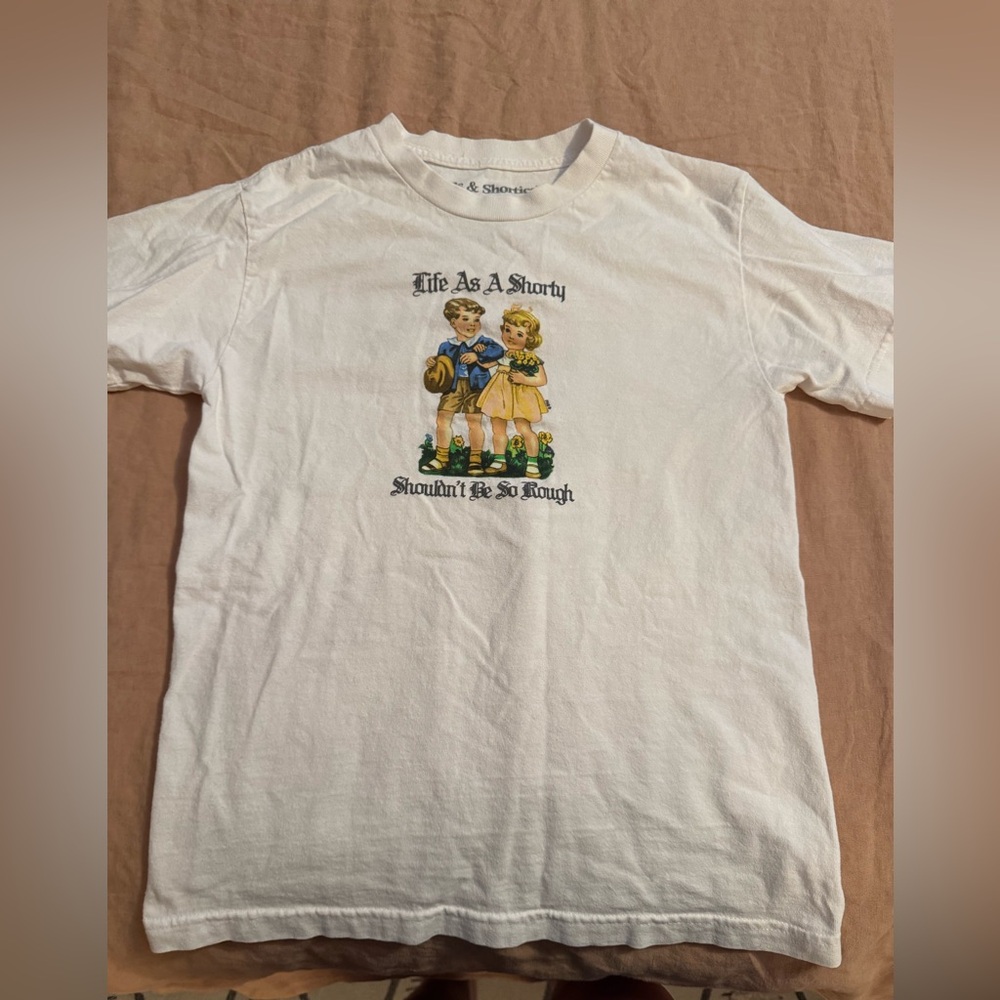White Kids Short Sleeve Tee with Retro Children Graphic